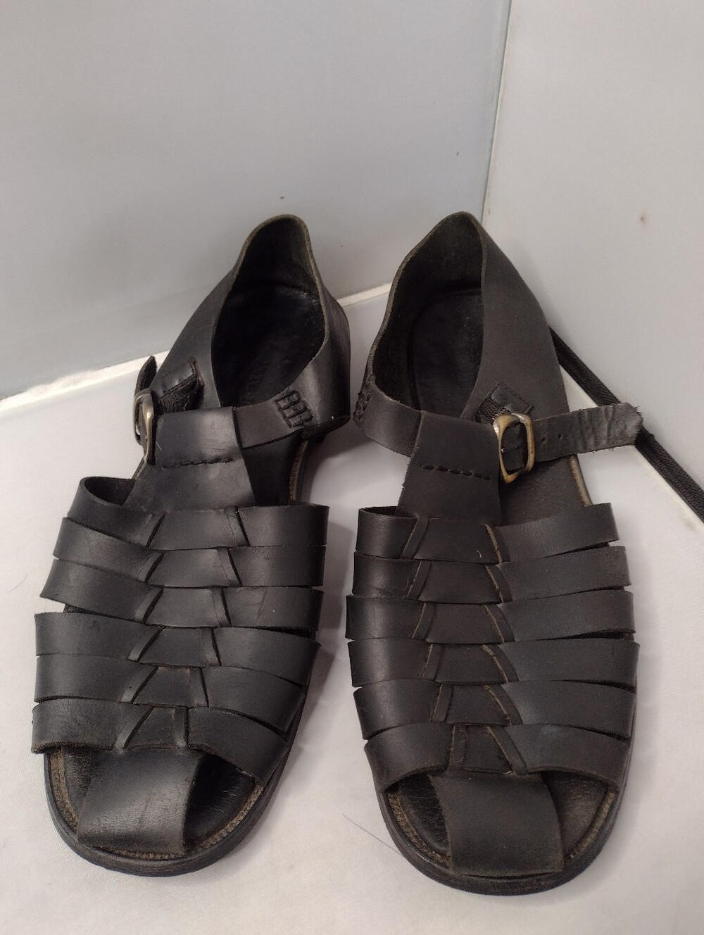 Pronto Uomo Mens Size 9 Fisherman Sandals Black Leather Strappy Shoes A9